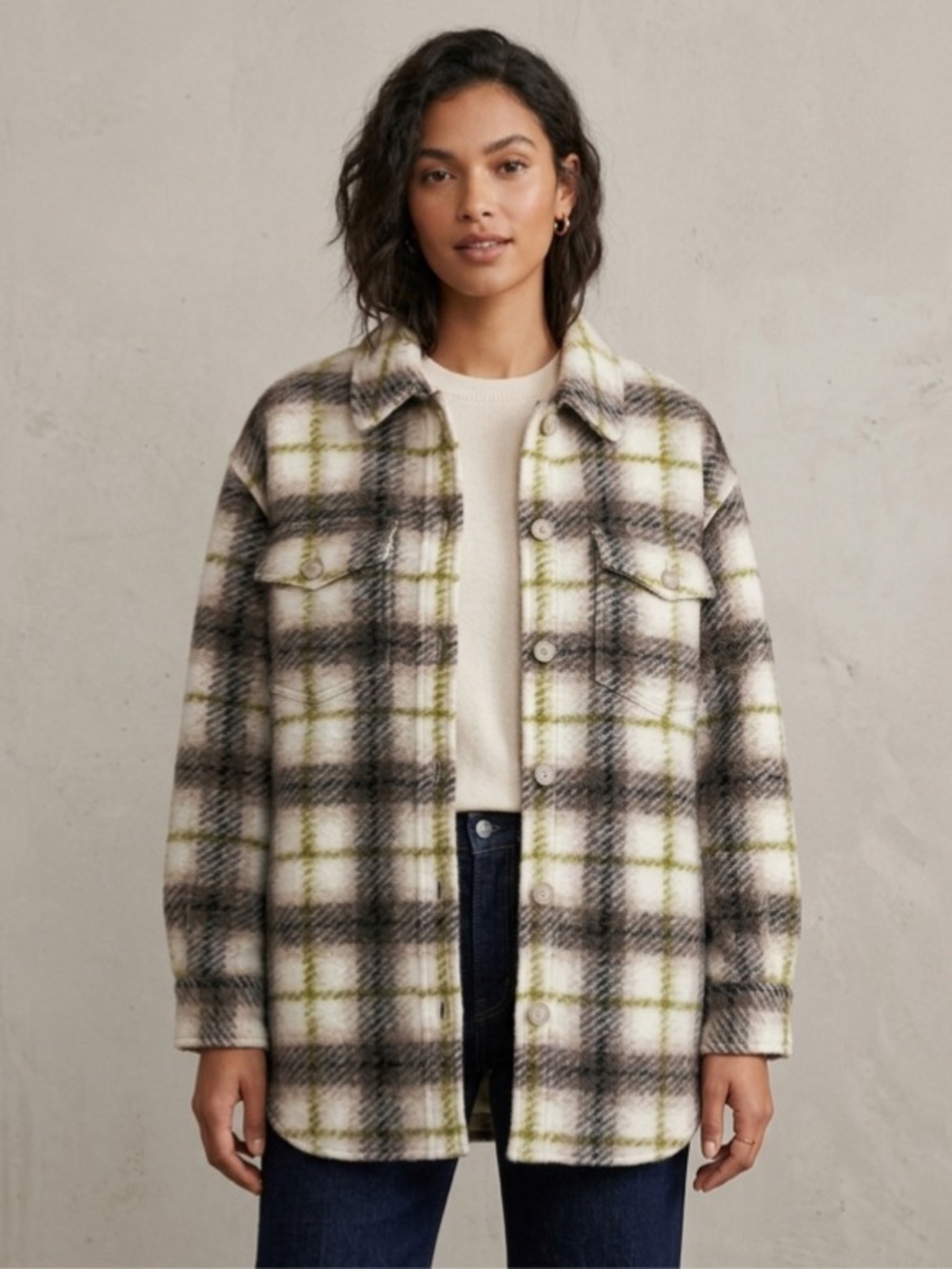 Wilfred Plaid Wool Shirt Jacket Shacket, Ivory & Black Oversized Sz L Cabin